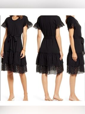 Rachel Parcell Black Eyelet Ruffle Dress Teared Layer Women’s XS